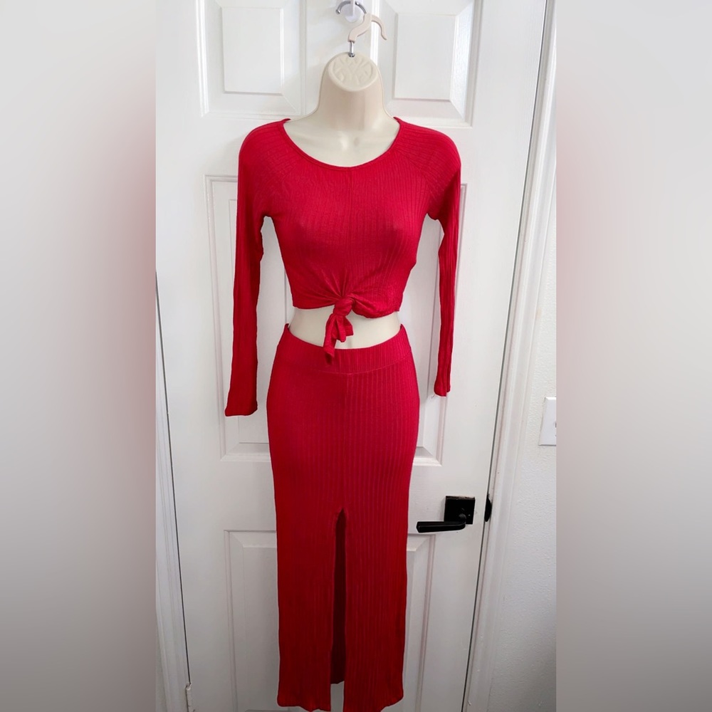 Red crop top long sleeve midaxi skirt